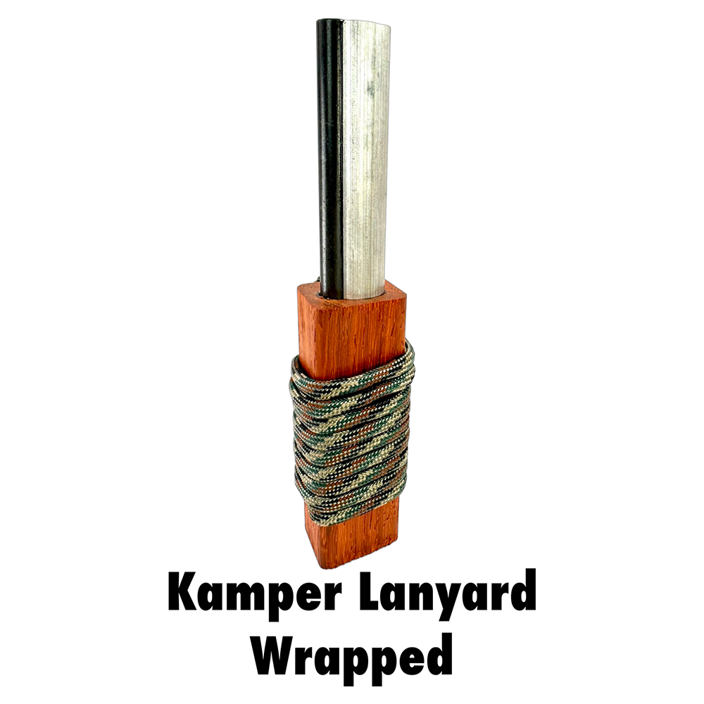 Fire-Fast Kamper Lanyard Wrapped – ferro rod fire starter with vibrant Padauk African hardwood handle wrapped in 40 inches of 550 paracord for compact travel and storage