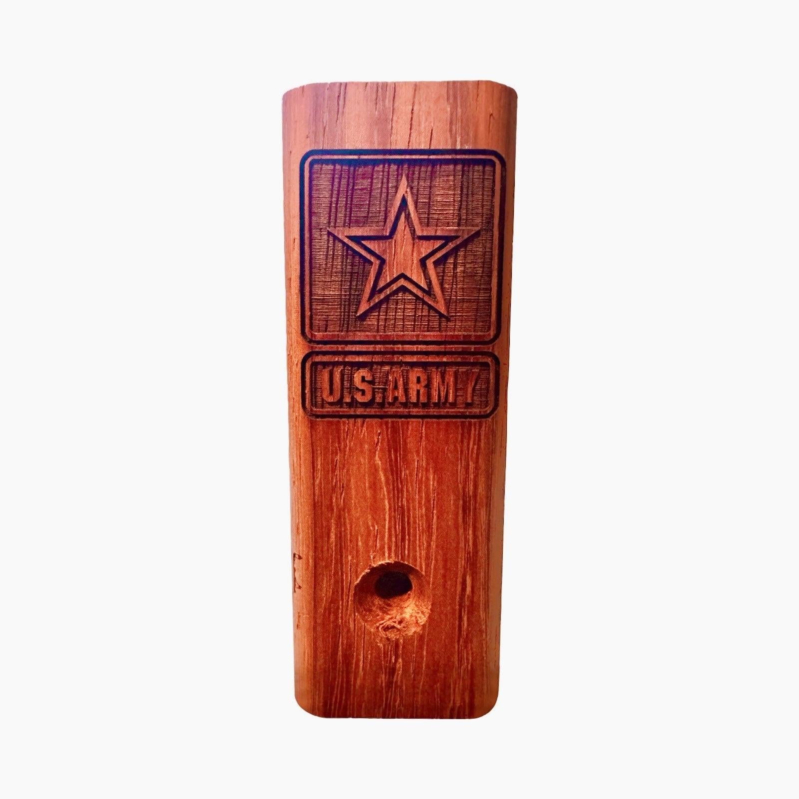 US Army Trekker ferro rod fire starter with laser-engraved Army star logo, 'U.S. ARMY', M4 rifle with grenade launcher, and soldier silhouette on exotic hardwood handle, includes striker and paracord lanyard