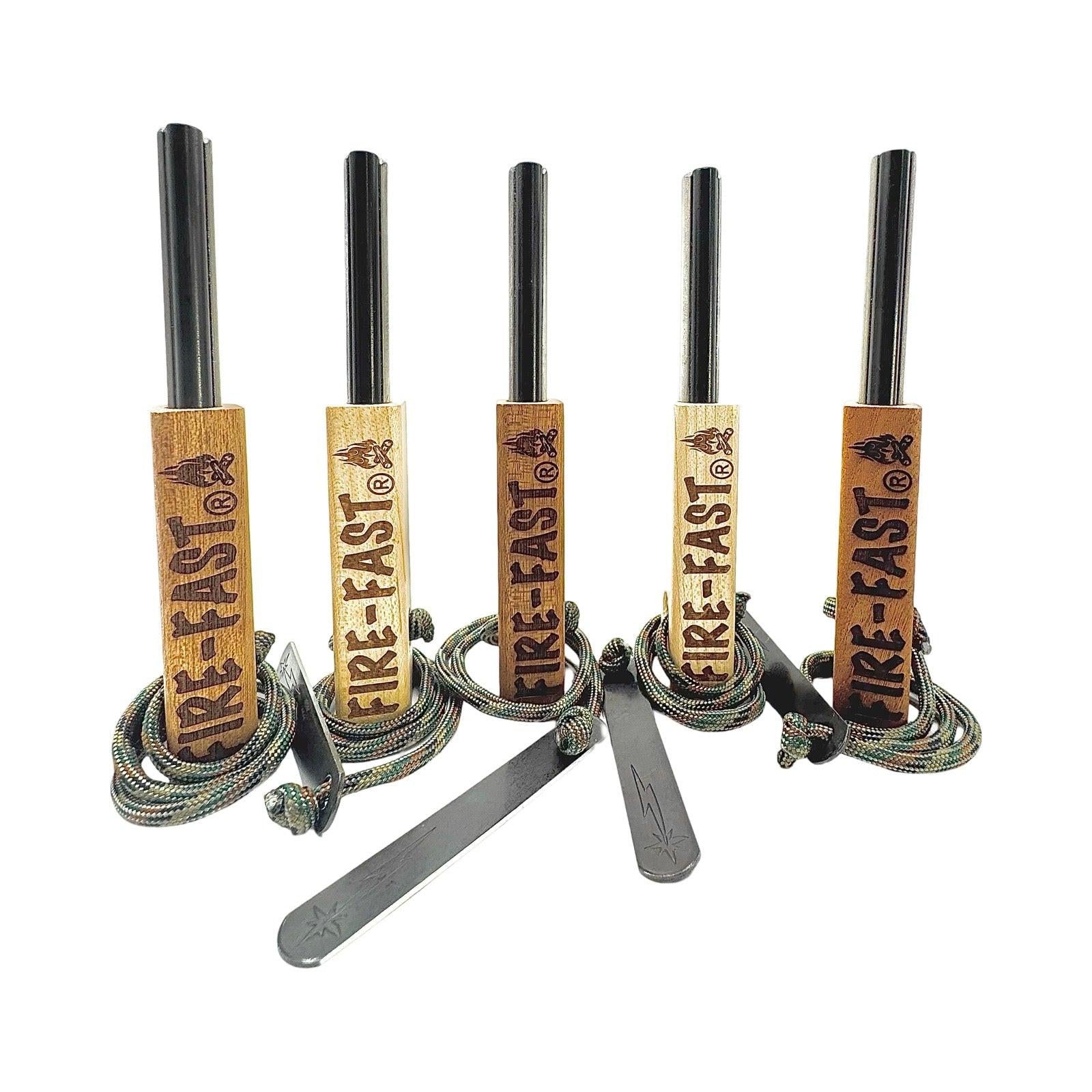 Five Fire-Fast ferro rod fire starters with engraved wooden handles, paracord, and metal strikers arranged in a row – Buy 4 Get 1 Free promotion.
