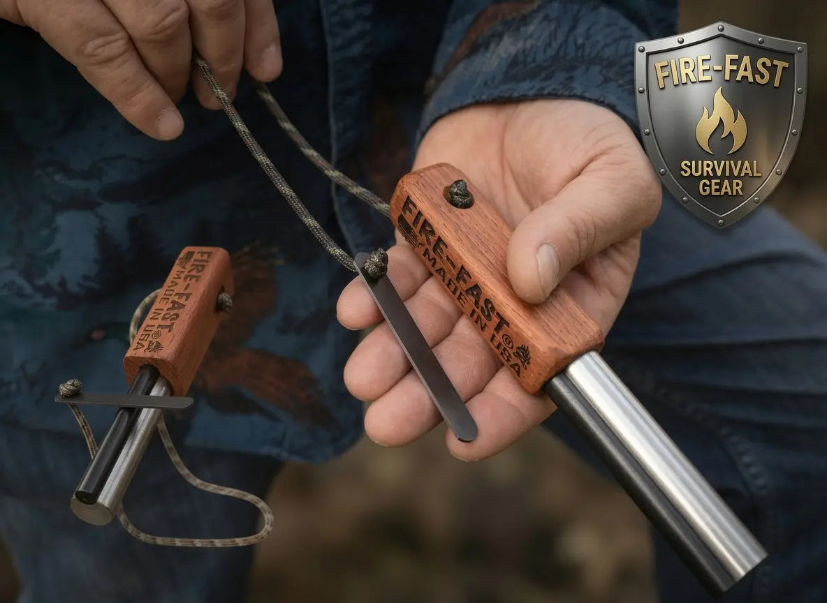 Fire-Fast Trekker premium ferro rod fire starter held in hand with wooden handle, paracord lanyard, and 'Made in USA' engraving – the most reliable survival fire tool