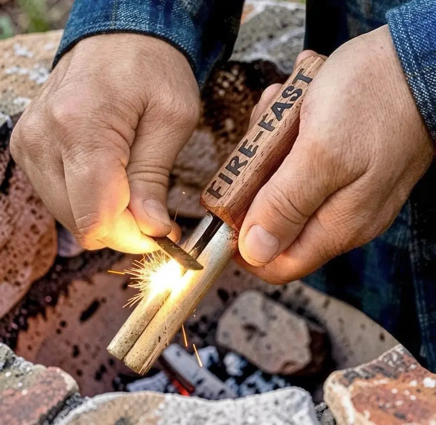Hands striking a Fire-Fast ferro rod fire starter, throwing sparks over a fire pit