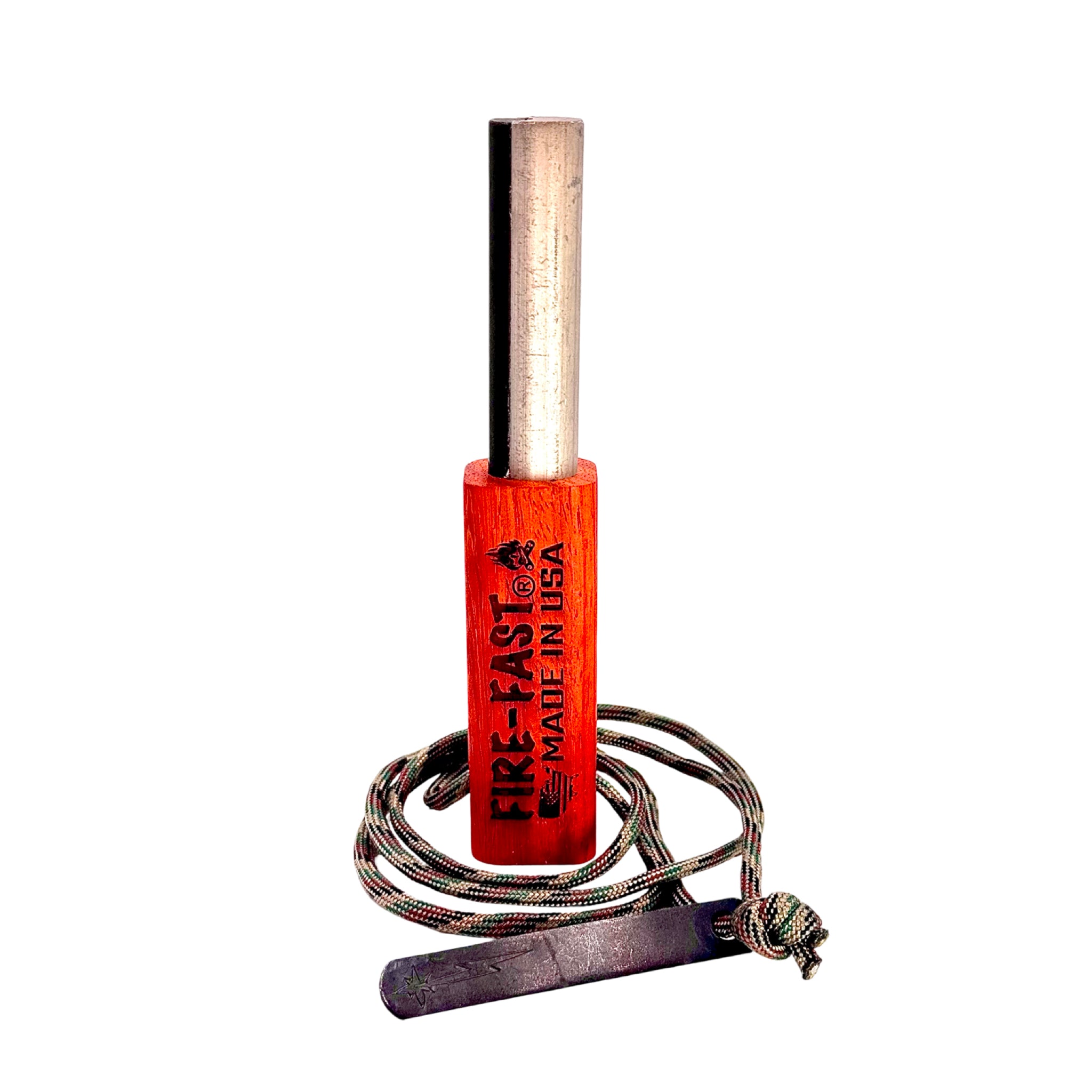Fire-Fast Kamper Lanyard ferro rod fire starter with vibrant Padauk African hardwood handle laser-engraved 'FIRE-FAST MADE IN USA', thick ferro rod, hardened steel striker, and camo paracord lanyard