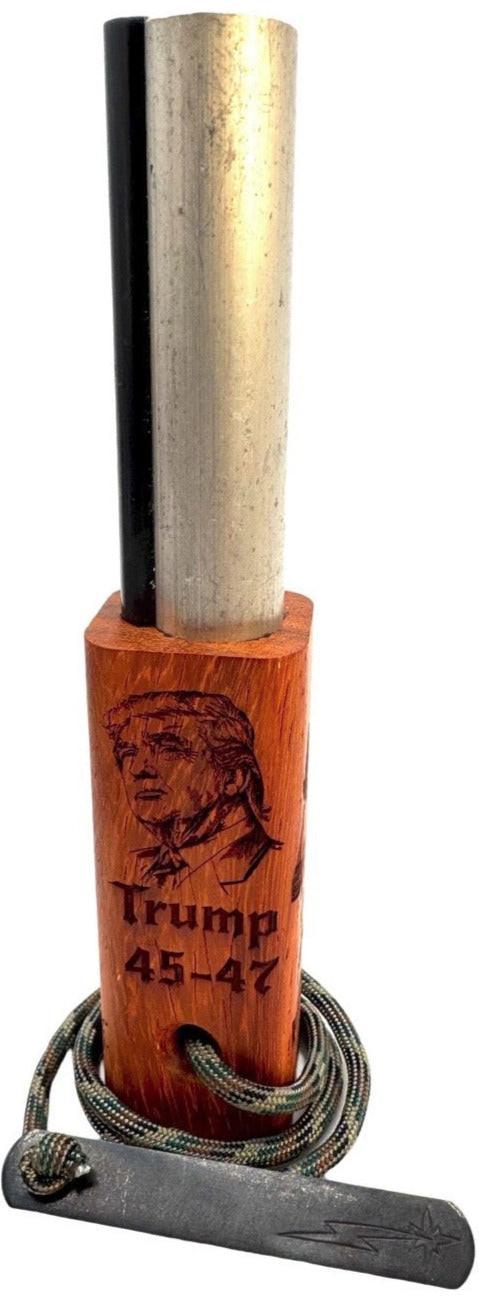 Fire starter with wooden handle engraved with 'Trump 45-47' on a white background