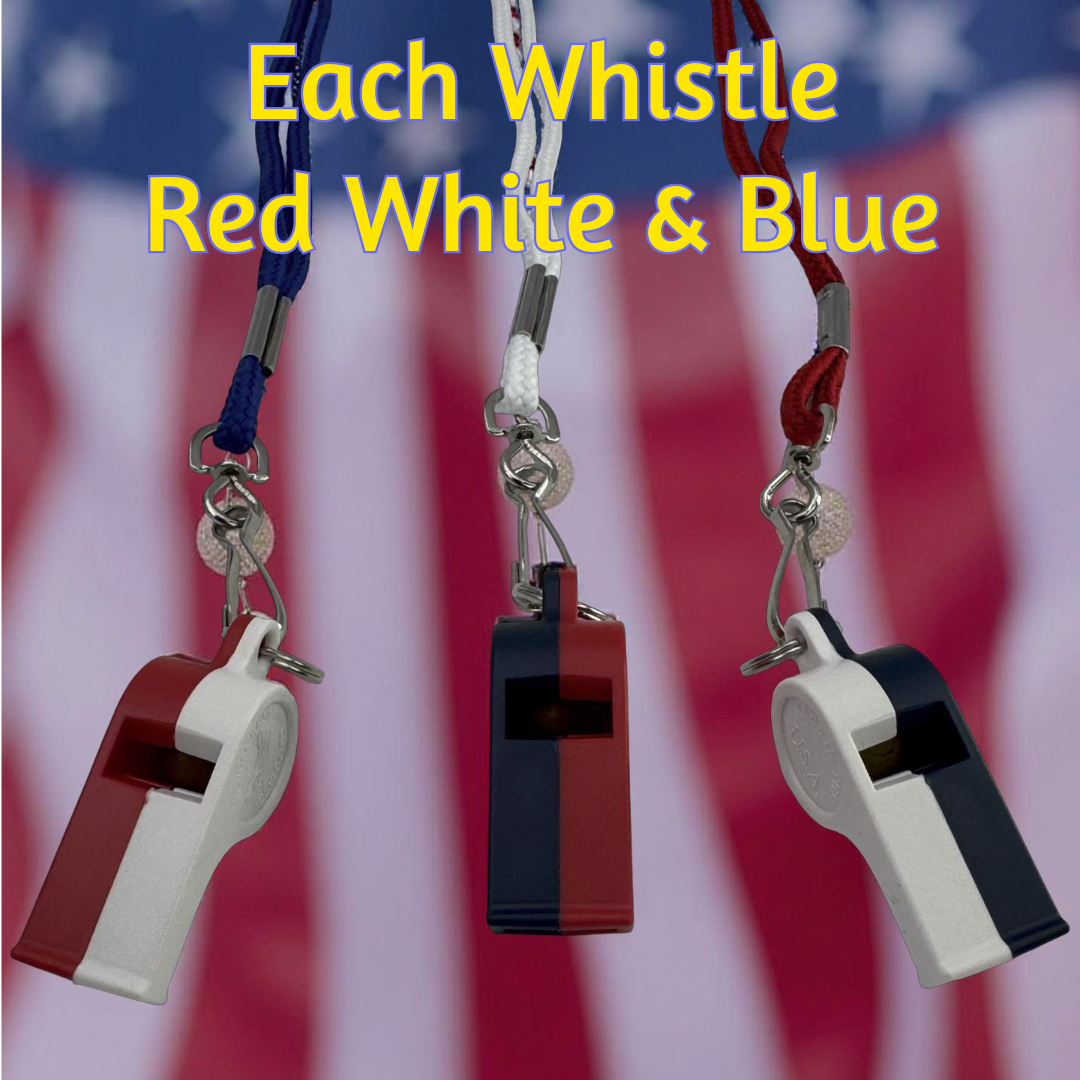 USA-made red white blue emergency survival whistle with lanyard for camping safety and distress signaling in the wild.