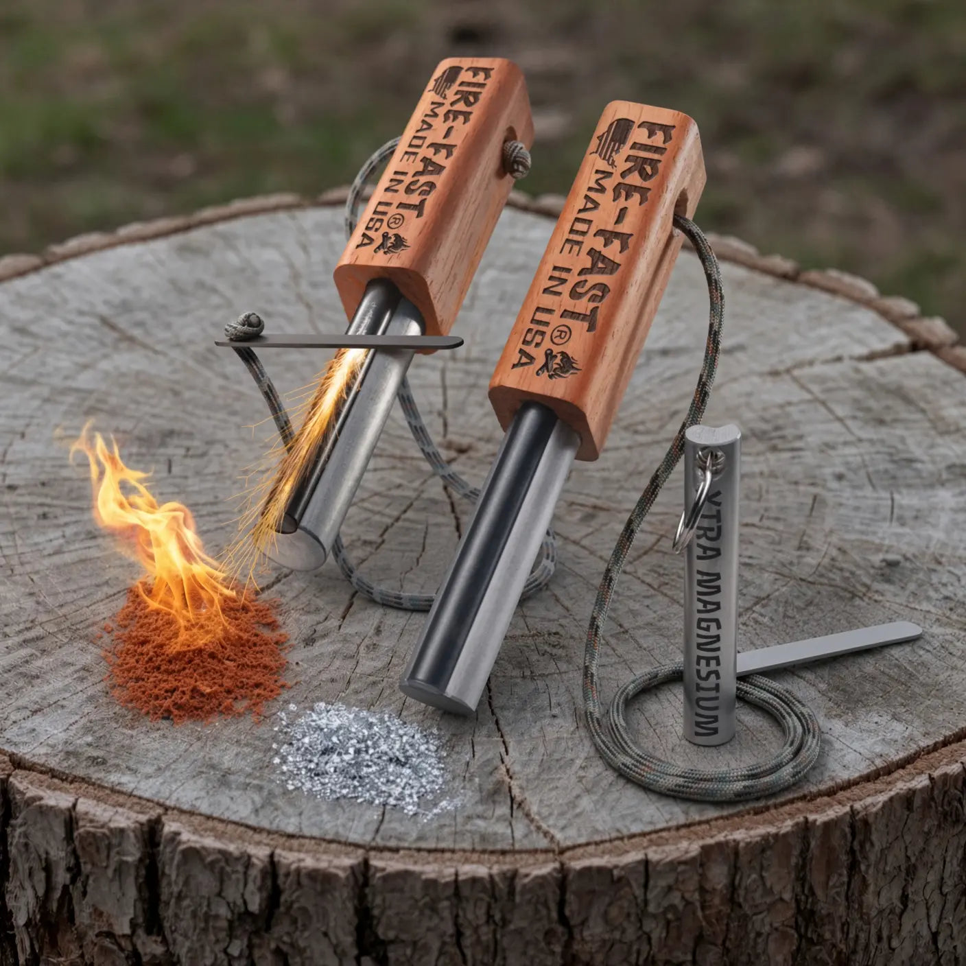 Two Fire-Fast Trekker fire starters on a stump with sparks, burning tinder, and a magnesium keychain bar