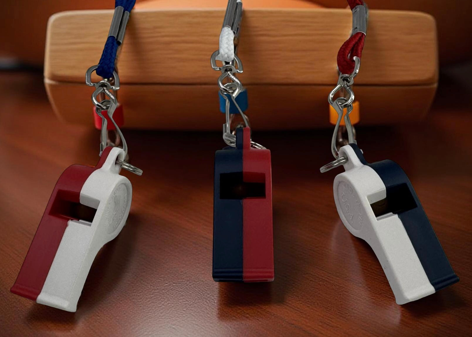 Simple survival add ons hero image: left – patriotic 3-pack emergency whistles for loud signaling, right – aluminum pencil sharpener creating instant tinder shavings from a stick. No skills needed.