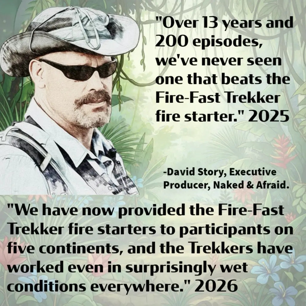 A promotional graphic featuring a painted portrait of David Story wearing a hat and sunglasses, with two large quote blocks about fire-starting products overlaid on a tropical jungle background. The text includes the name Naked & Afraid and quote dates 2025 and 2026.