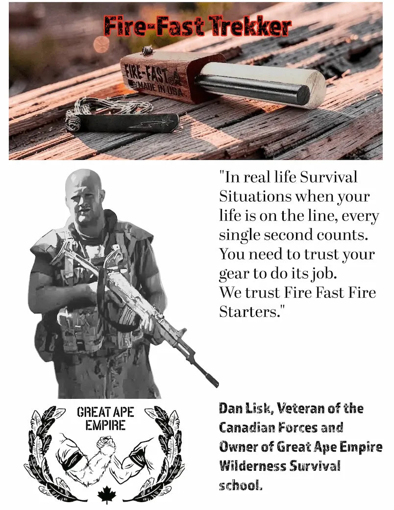 A promotional graphic for Fire-Fast Fire Starters survival gear, featuring a top photo of a fire starter tool on a wooden surface, a black-and-white photo of Dan Lisk holding a rifle, a quote about survival situations, and the Great Ape Empire logo at the bottom.