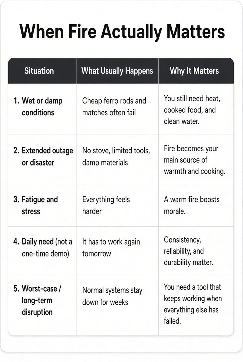 An informational infographic titled 'When Fire Actually Matters' with five numbered situations, each showing a scenario, what usually happens, and why it matters, presented in a clean table format on a white background.