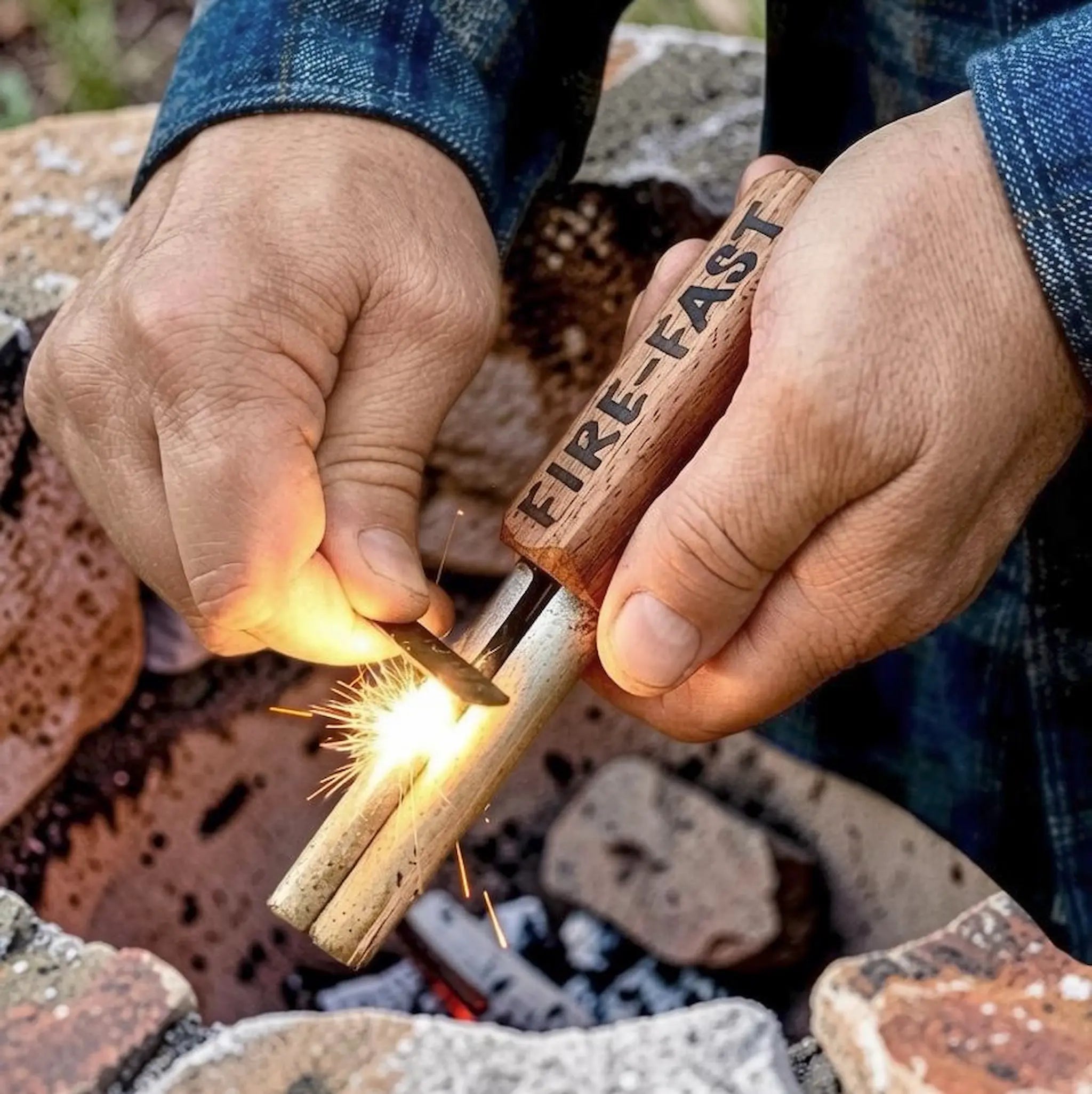 A close-up of a person's hands using a fire starter tool engraved with the words 'FIRE-FAST' to create sparks over an open fire pit. The person is wearing a blue denim jacket.