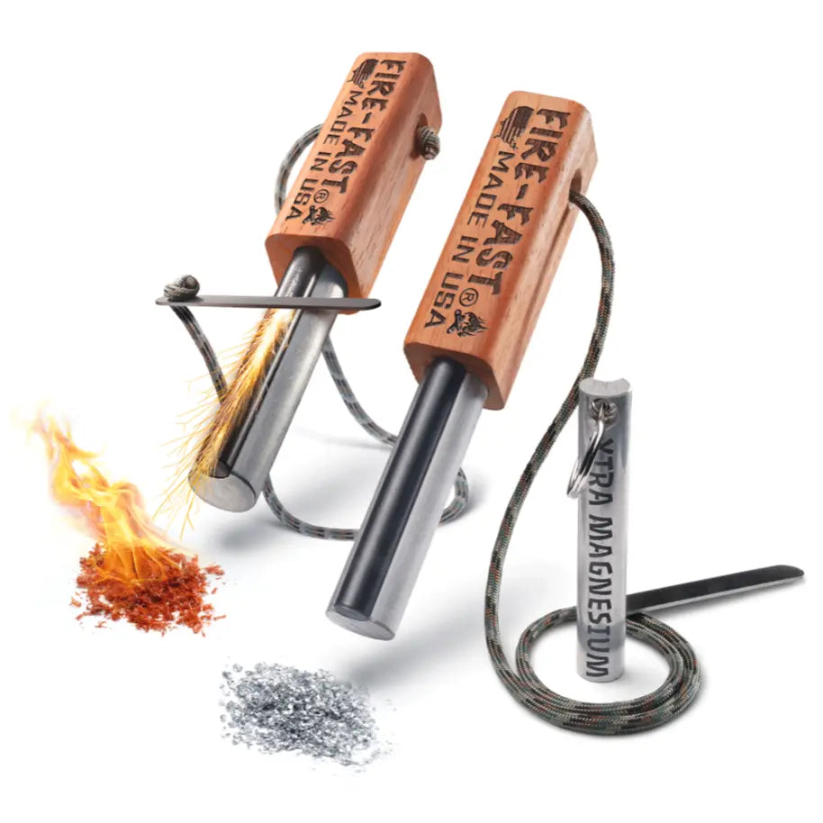 Two Fire-Fast fire starter tools with wooden handles and metal rods, shown on a white background with a small flame effect and piles of sparks/embers. One tool also has a cylindrical magnesium rod attached.