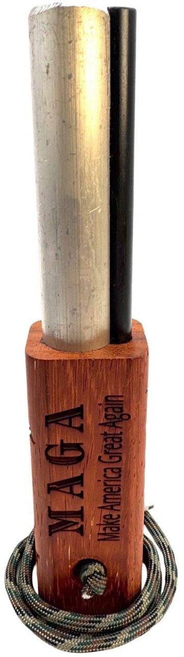 Fire starter with wooden handle engraved with "MAGA" on a white background