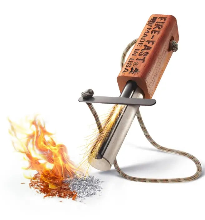 Fire-Fast Trekker throwing sparks onto tinder and magnesium shavings
