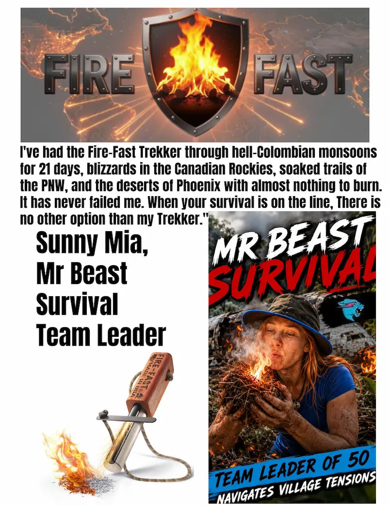 A promotional collage for a survival/fire-starting product. The top shows a shield with flames and the words FIRE FAST, with a large block of text below.