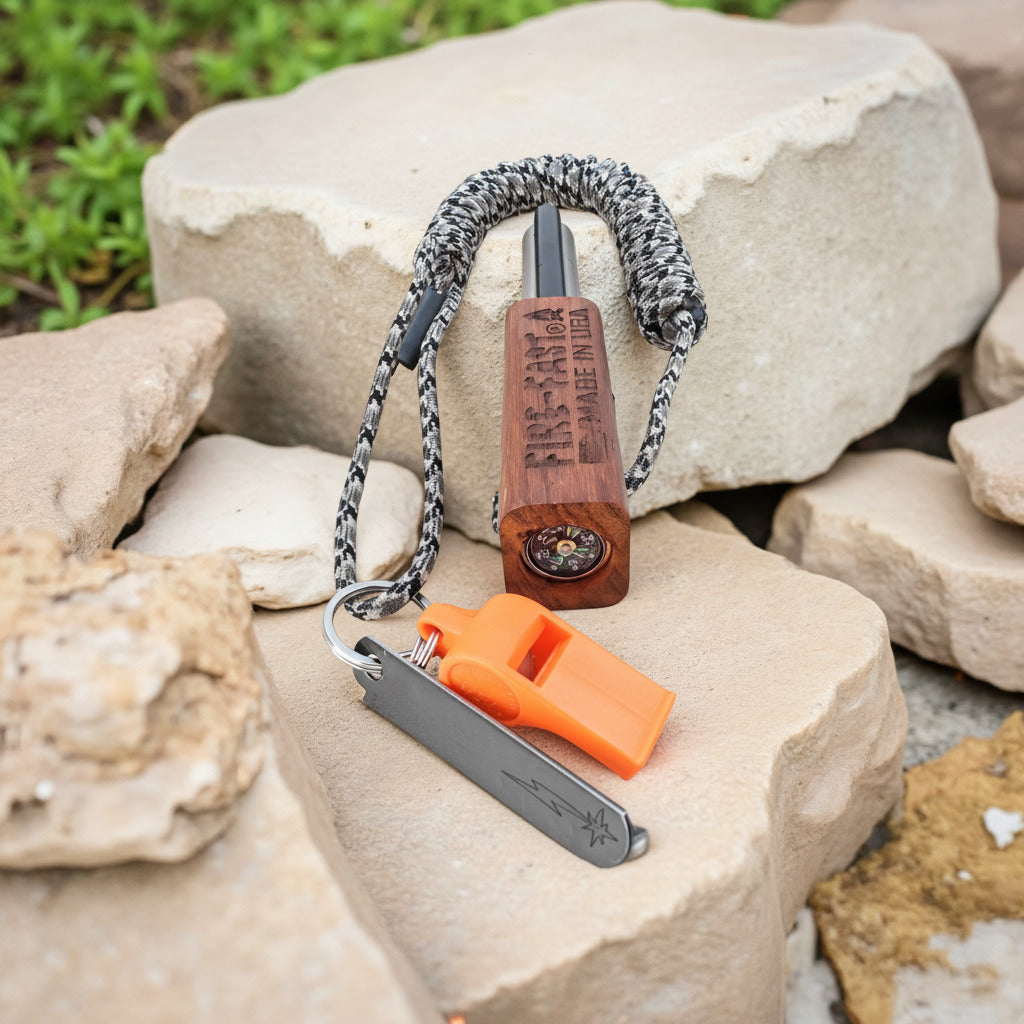 Fire-Fast Trekker Tracker ferro rod with 13' 1000lb 15-strand nylon paracord, compass, whistle, and striker on rocks – ultimate survival multi-tool.
