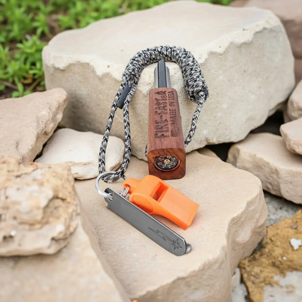 Fire-Fast Trekker Tracker fire starter with compass handle, orange whistle, and striker on a rock