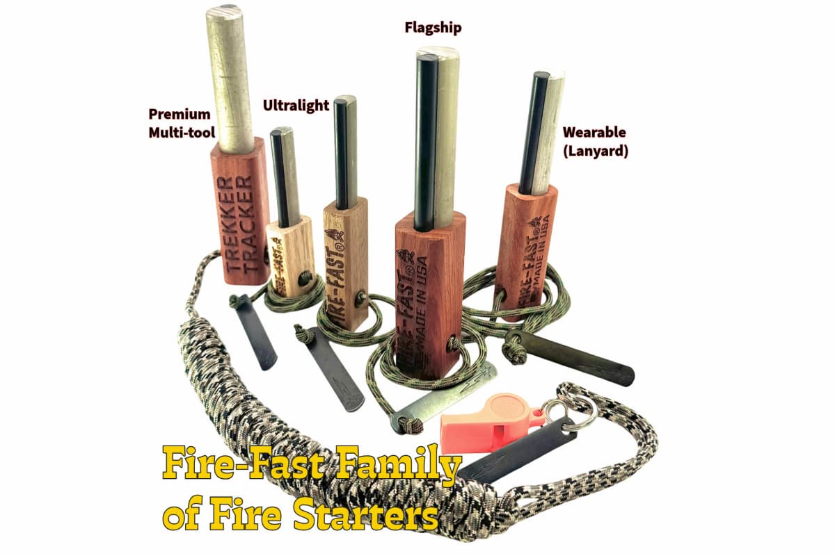 A set of fire-starting tools and accessories arranged on a white background, including several wooden fire starters labeled 'Premium Multi-tool,' 'Ultralight,' 'Flagship,' and 'Wearable (Lanyard),' along with cords, metal rods, and a small orange fire starter. Text overlays identify the items, and a yellow banner at the bottom reads 'Fire-Fast Family of Fire Starters.