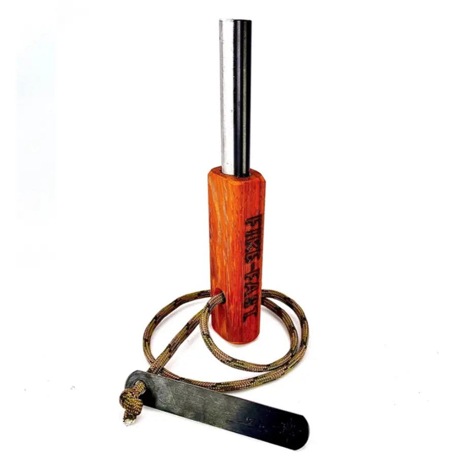A fire starter tool with a reddish-brown wooden handle engraved with 'FIRE STARTER', a silver metal rod, and a dark steel striker wrapped in a camouflage cord, shown on a white background.