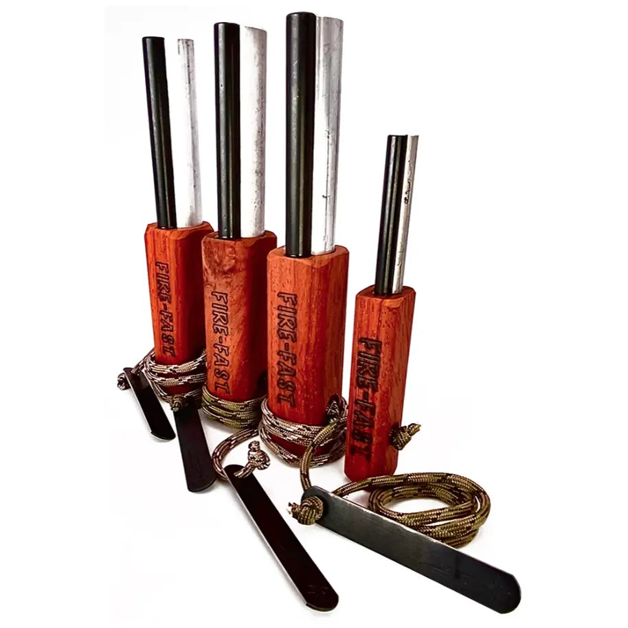 Three Fire-Fast ferro rod Trekker fire starters and one FireFly fire starter, with hardwood handles, strikers, and paracord.